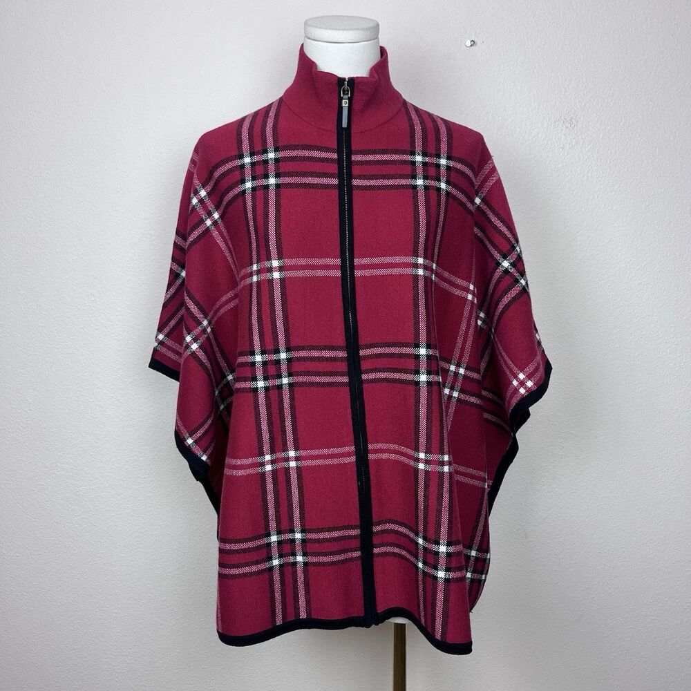 Nicole Miller NY Sweater Womens Small Zipper Cardigan Poncho Plaid Mock Neck Red